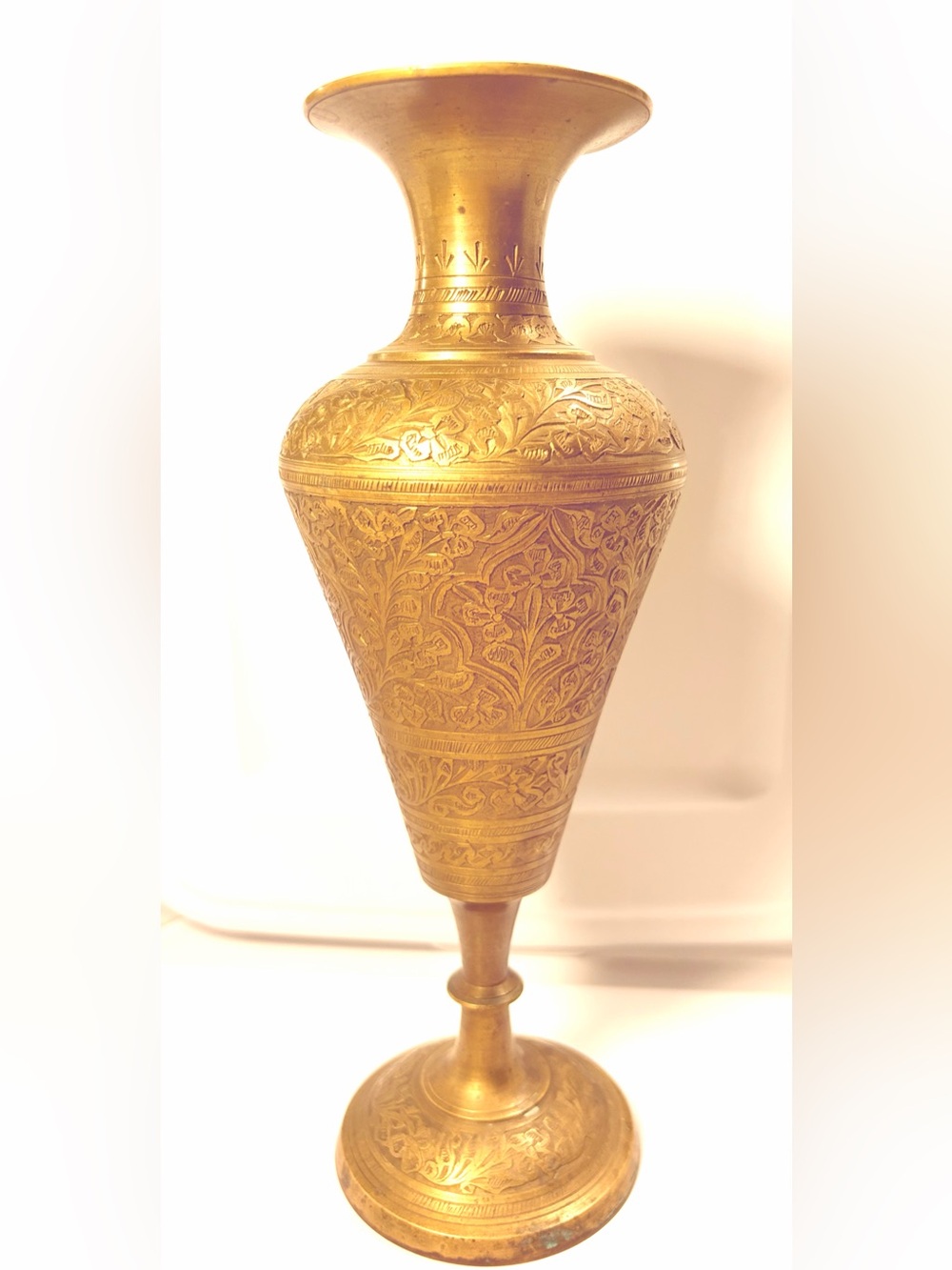 Vintage Mid Century Etched Solid Brass Pedestal Vase - 10”